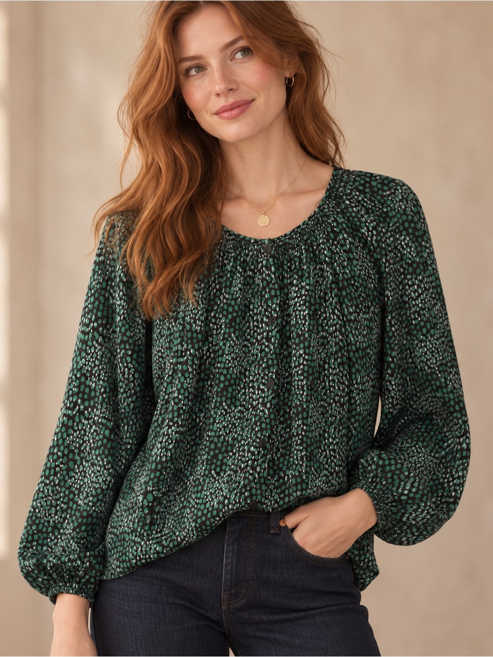 Tucker The Classic 100% Silk Emerald Spots Blouse Green Black Size L